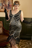 Zwarte Pailletten Fringes Grote maat 1920s Flapper Jurk