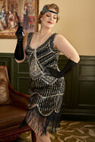 Zwarte Pailletten Fringes Grote maat 1920s Flapper Jurk