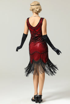 Rode en zwarte diepe V-hals Flapper jaren 1920 jurk