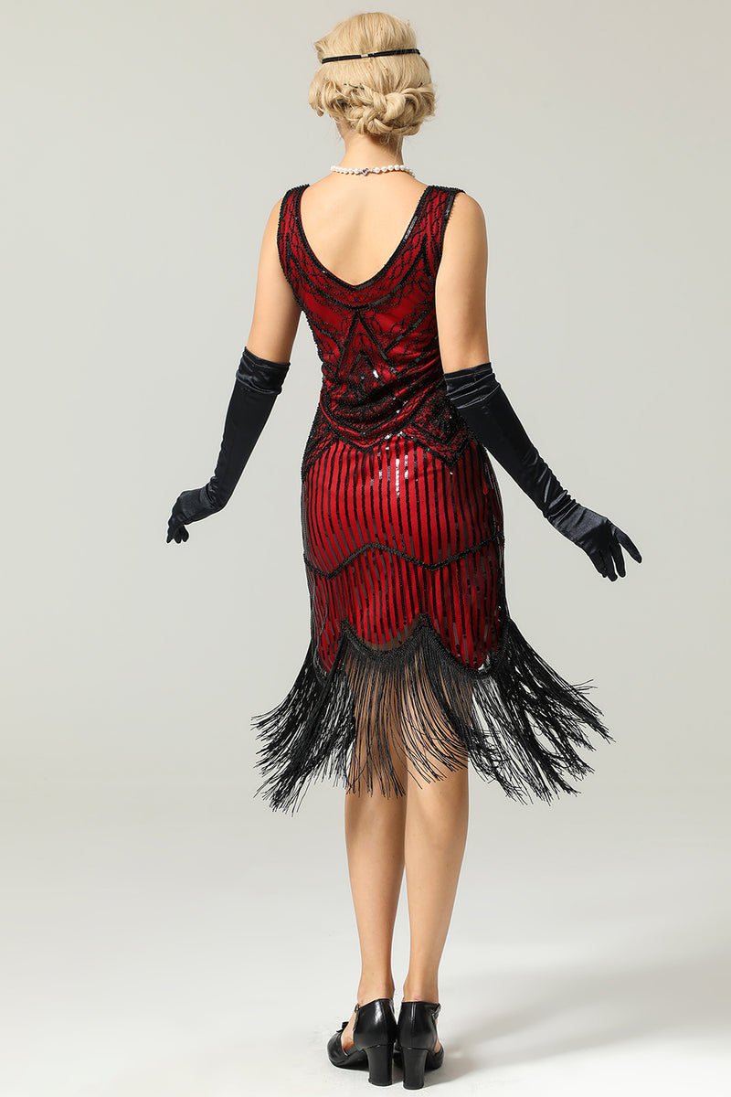 Afbeelding in Gallery-weergave laden, Rode en zwarte diepe V-hals Flapper jaren 1920 jurk