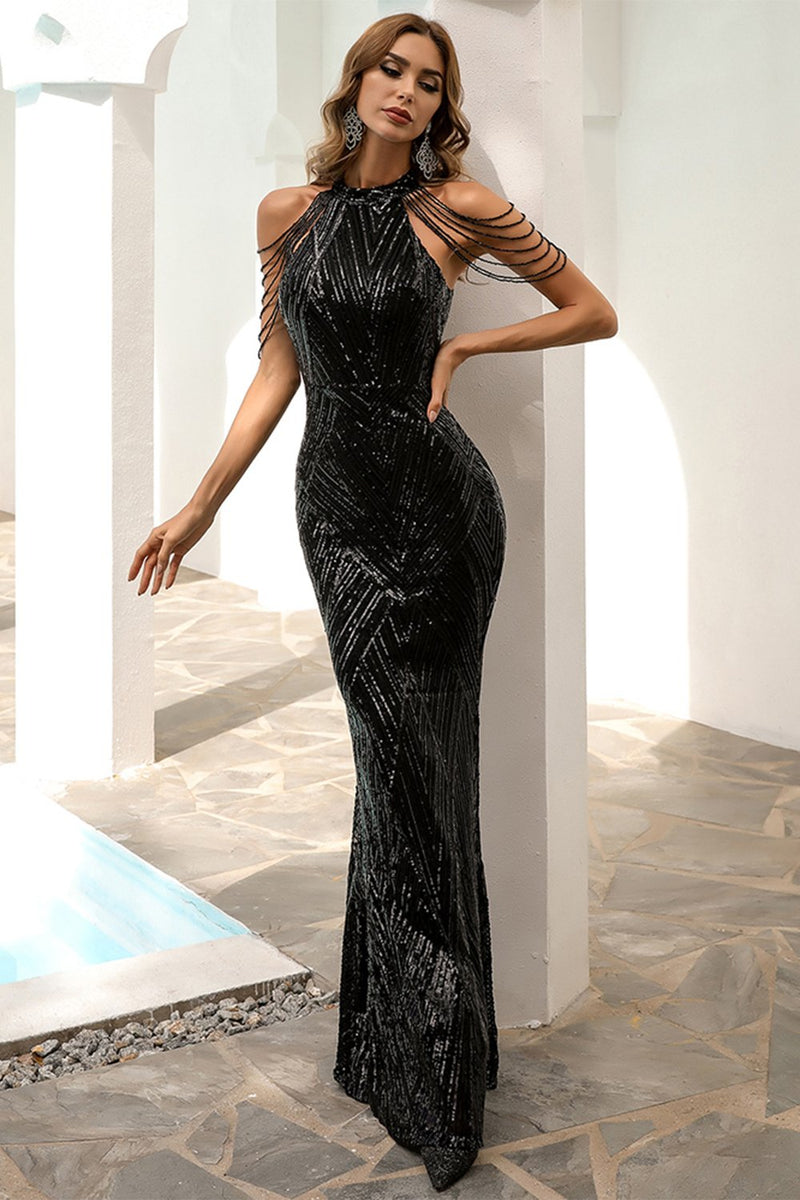 Afbeelding in Gallery-weergave laden, Zwarte Pailletten Zeemeermin Prom Dress