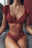 Pof mouw Polka Dot V-Hals Bikini