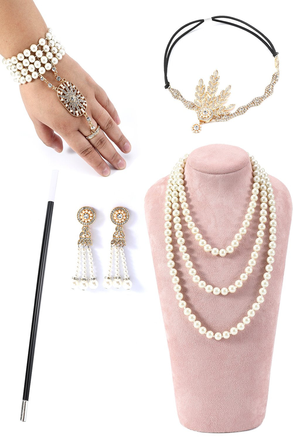 ASTARON 1920s Flapper Great Gatsby accessoireset, modieuze roaring jaren 20 Gatsby thema-set inclusief veer hoofdband hoofddeksel lange zwarte handschoenen ketting oorbellen opvouwbare ventilator ASTARON 1920s Flapper Great Gatsby accessoireset, modieuze roaring jaren 20 Gatsby thema-set inclusief veer hoofdband hoofddeksel lange zwarte handschoenen ketting oorbellen opvouwbare ventilator
