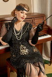 Zwarte Gouden Pailletten Gatsby Fringed Grote maat 1920s Jurk