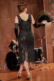 Zwarte V-hals Fringe Pailletten Gatsby 1920s Flapper Jurk