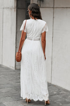 V-hals lange witte kanten jurk