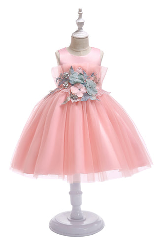 A lijn juweel blush bloem meisje jurk met appliques