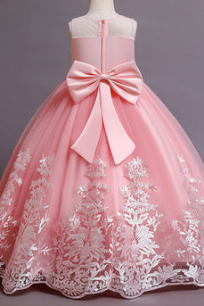 Roze borduurwerk mouwloze bloemenmeisje jurk met strik