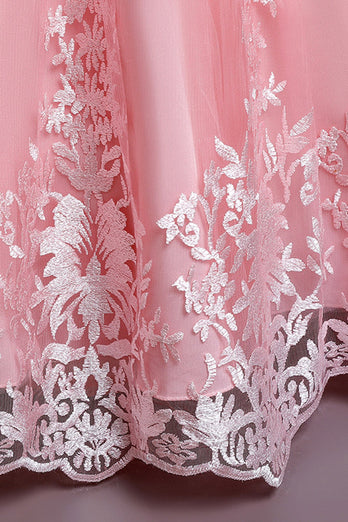 Roze borduurwerk mouwloze bloemenmeisje jurk met strik