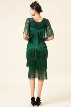 Ronde hals donkergroene kralen Gatsby 1920s jurk met franjes