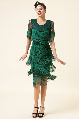 Ronde hals donkergroene kralen Gatsby 1920s jurk met franjes