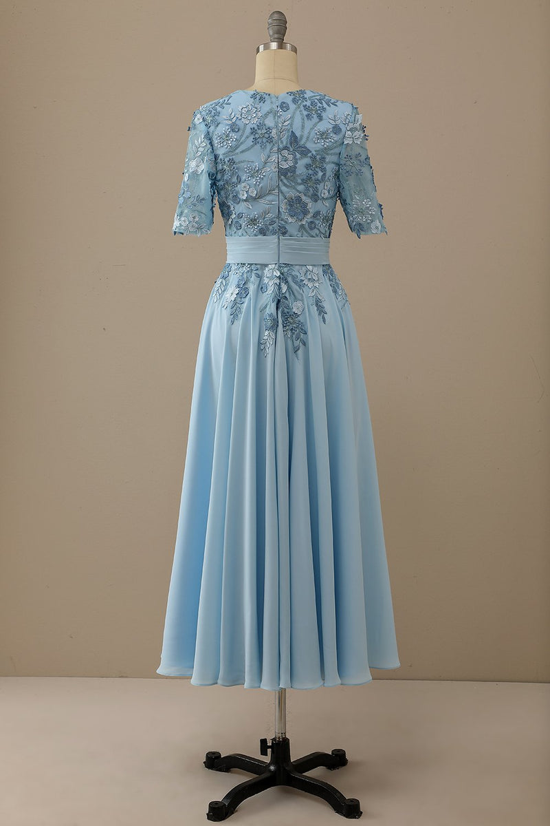 Afbeelding in Gallery-weergave laden, V-hals blauwe moeder van bruid jurk met appliques