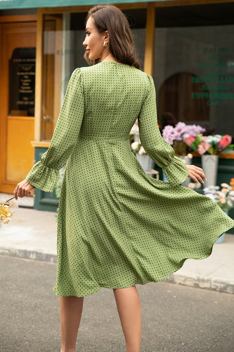 Afbeelding in Gallery-weergave laden, Groen bedrukte lange mouwen casual jurk