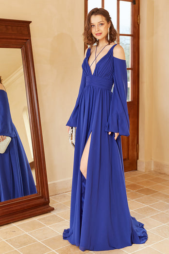 A lijn van de schouder Koningsblauw Gala jurk met Split Front