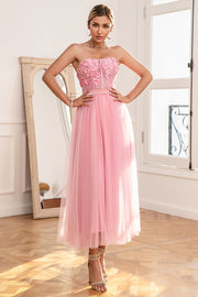 Prachtige A Line Strapless Roze Galajurk met Appliques