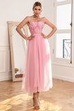 Prachtige A Line Strapless Roze Galajurk met Appliques