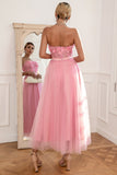 Prachtige A Line Strapless Roze Galajurk met Appliques