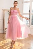 Prachtige A Line Strapless Roze Galajurk met Appliques