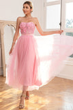 Prachtige A Line Strapless Roze Galajurk met Appliques