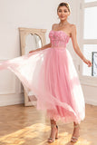 Prachtige A Line Strapless Roze Galajurk met Appliques