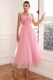 Prachtige A Line Strapless Roze Galajurk met Appliques