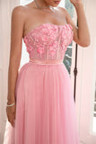 Prachtige A Line Strapless Roze Galajurk met Appliques