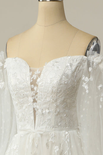 Luxe A lijn Off-shoulder Witte trouwjurk met appliques
