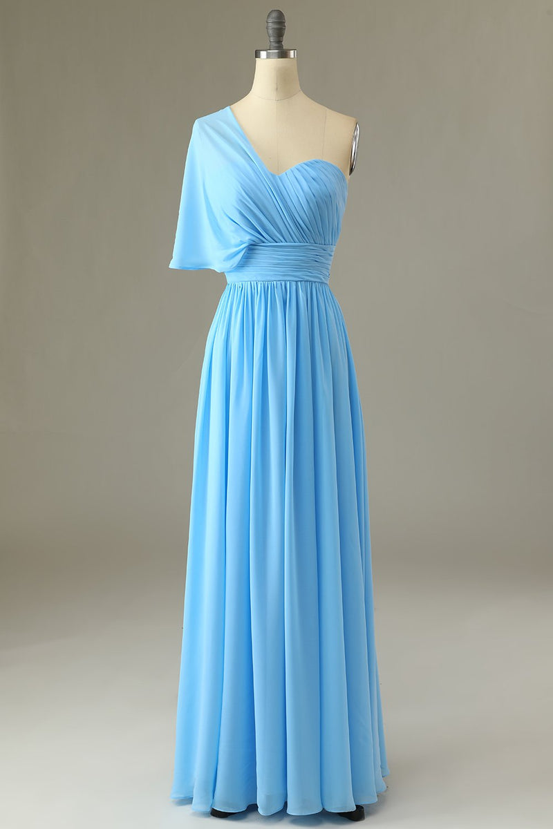 Afbeelding in Gallery-weergave laden, Een schouder blauwe bruidsmeisje jurk