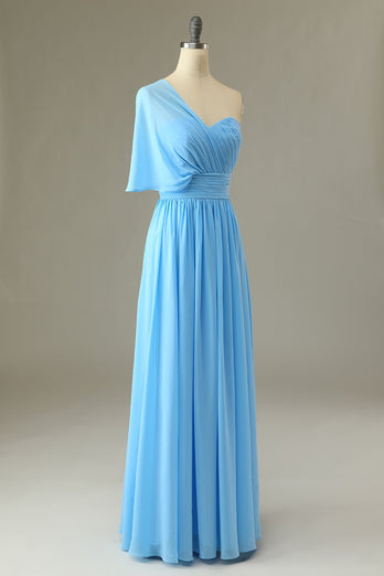Een schouder blauwe bruidsmeisje jurk