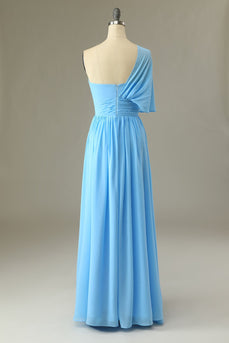 Een schouder blauwe bruidsmeisje jurk