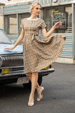 Khaki Green Grid Korte Mouwen Vintage jaren 1950 Jurk