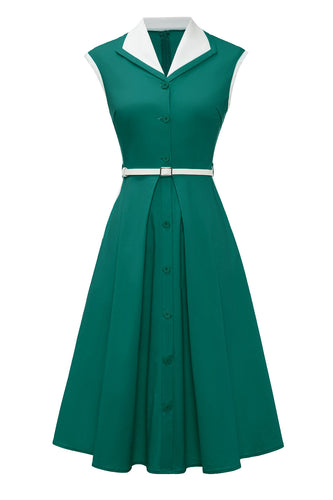 Revers hals groene swing jaren 1950 jurk met riem