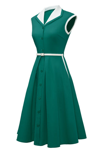 Revers hals groene swing jaren 1950 jurk met riem