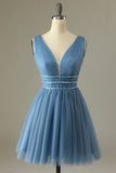 Glitter Grijs Blauw Tule Korte Galajurk