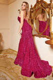Zeemeermin Een Schouder Fuchsia Pailletten Plus Size Galajurk met Sweep Train