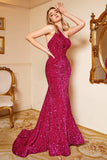 Zeemeermin Een Schouder Fuchsia Pailletten Plus Size Galajurk met Sweep Train