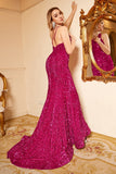 Zeemeermin Een Schouder Fuchsia Pailletten Plus Size Galajurk met Sweep Train