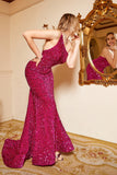 Zeemeermin Een Schouder Fuchsia Pailletten Plus Size Galajurk met Sweep Train
