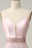 A Line Spaghetti Straps Roze Lange Galajurk met Kralen