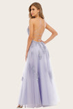 Lavendel Tulle Long Prom Jurk met Kant