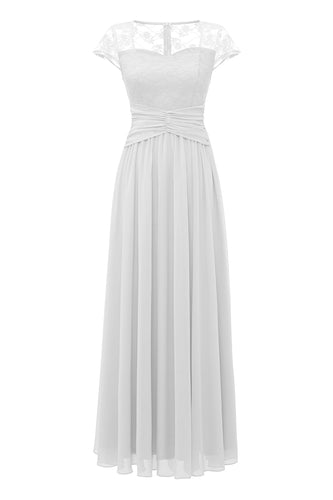 Elegante witte lange kanten jurk met cap mouwen