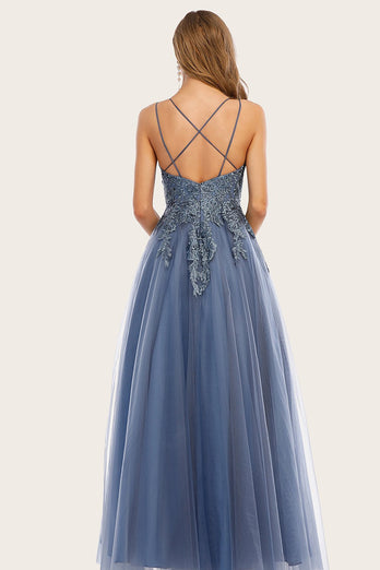Stoffige blauwe lange prom jurk met kant