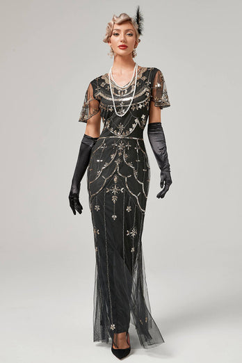 Zwarte Blush pailletten lange jaren 1920 jurk