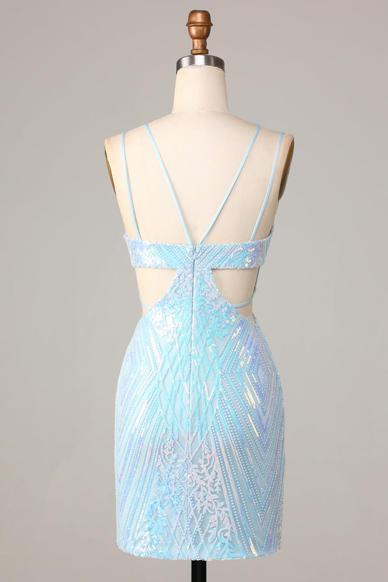 Afbeelding in Gallery-weergave laden, Dus prachtige bodycon spaghetti riemen blauwe pailletten korte homecoming jurk