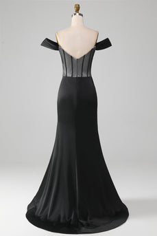 Zwarte Off the Shoulder satijnen korset zeemeermin Prom jurk met split