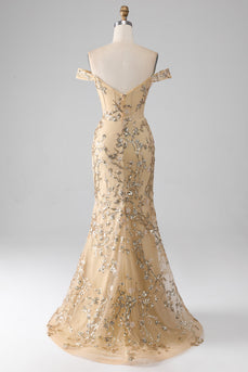 Zeemeermin Off The Shoulder gouden lange kralen Prom jurk met split