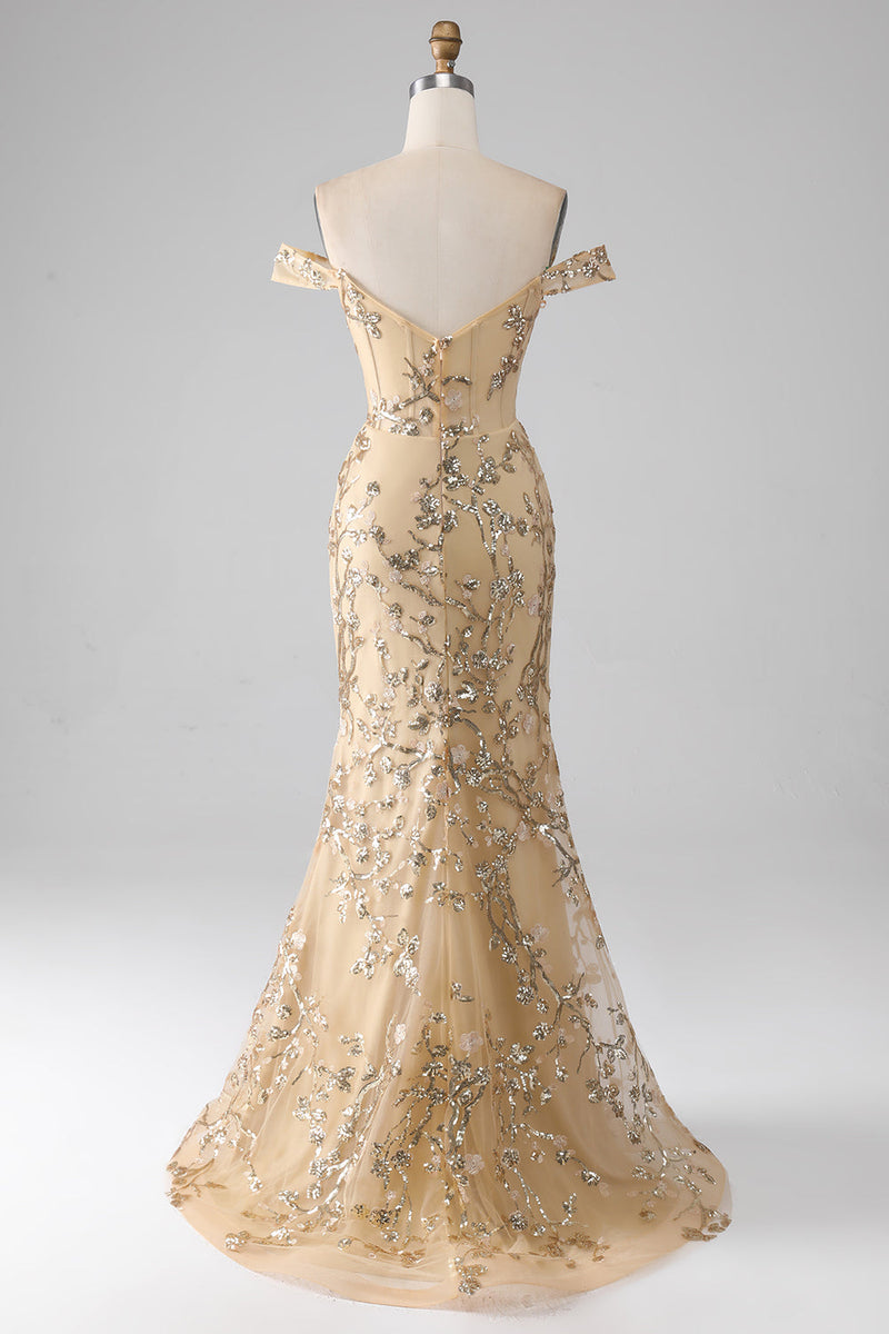 Afbeelding in Gallery-weergave laden, Zeemeermin Off The Shoulder gouden lange kralen Prom jurk met split