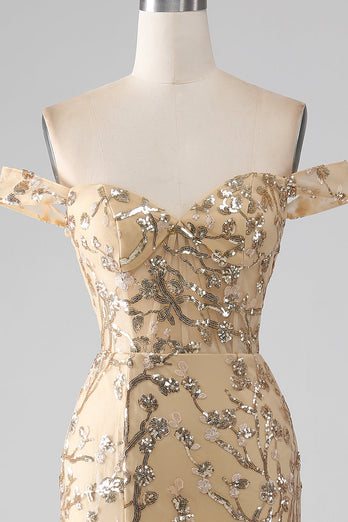 Zeemeermin Off The Shoulder gouden lange kralen Prom jurk met split