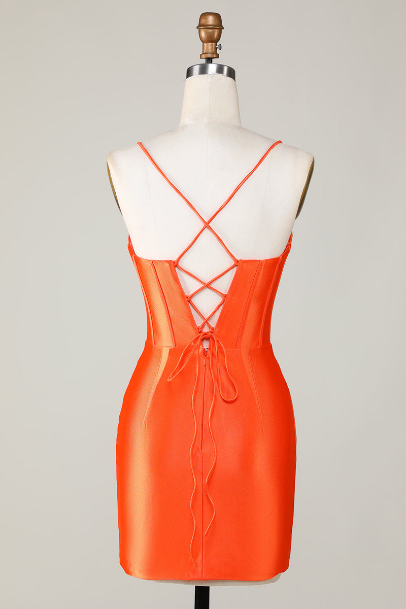 Afbeelding in Gallery-weergave laden, Sprankelende oranje kralen korset strakke korte homecoming jurk