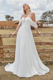 Off The Shoulder Ivory Boho Chiffon Ruched A Line Trouwjurk